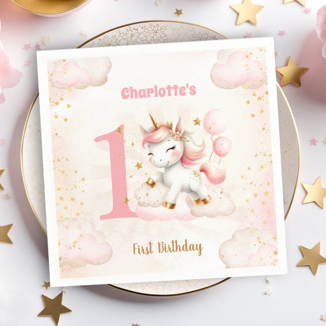 Serviette En Papier Pink Cute Unicorn Girl 1er Anniversaire Papier Nap (Pink Cute Unicorn Girl 1st Birthday Paper Napkins)