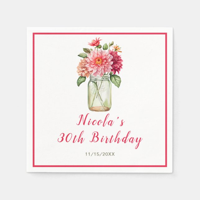 Serviette En Papier Pink Dahlias Mason Jar fête d'anniversaire (Devant)