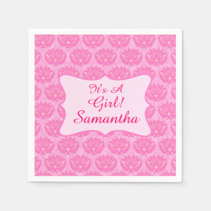 Serviette En Papier Pink Damask Baby C'est une fille Annouement de nai