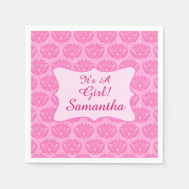 Serviette En Papier Pink Damask Baby C'est une fille Annouement de nai (Devant)