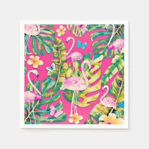 Serviette En Papier Pink Flamingos Tropical Botanical Butterfly