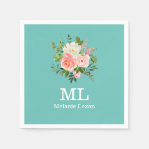 Serviette En Papier Pink Floral and Teal Monogram