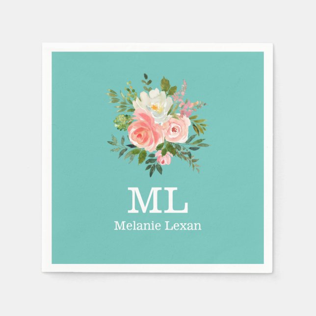Serviette En Papier Pink Floral and Teal Monogram (Devant)