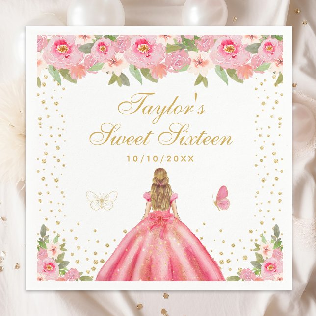 Serviette En Papier Pink Floral Blonde cheveux Princesse Sweet sixteen (Créateur téléchargé)