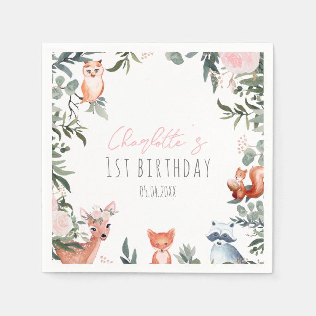 Serviette En Papier Pink Floral Bois Animaux Anniversaire Napkins (Devant)