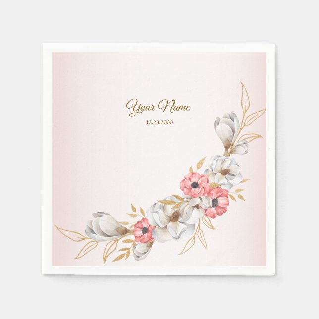Serviette En Papier Pink Floral Golden Peach Modern Wedding Party (Devant)
