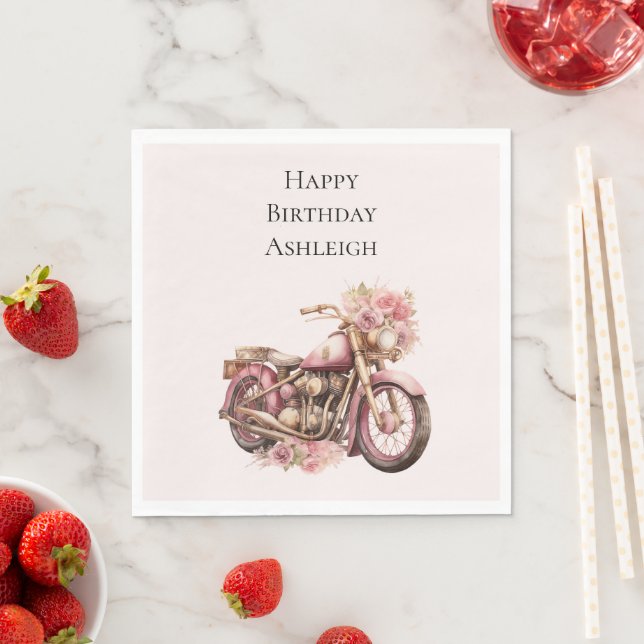 Serviette En Papier Pink Floral Motorcycle Birthday (En situation)