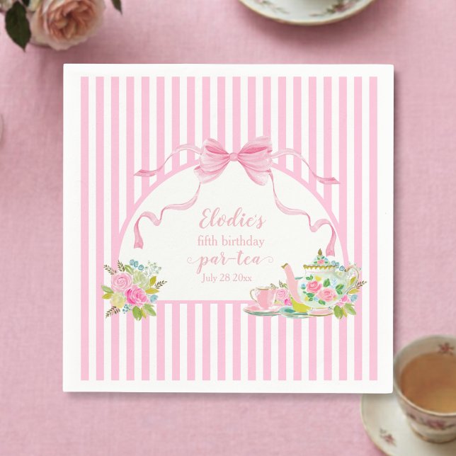 Serviette En Papier Pink Floral Stripe Let's Par-tea Birthday (pink coquette bow floral stripe lets par-tea birthday party napkin)