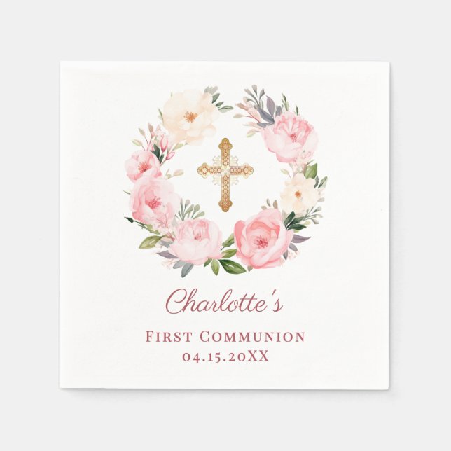 Serviette En Papier Pink floral wreath girl First Communion (Devant)