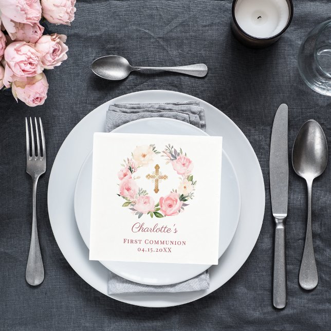 Serviette En Papier Pink floral wreath girl First Communion (Créateur téléchargé)