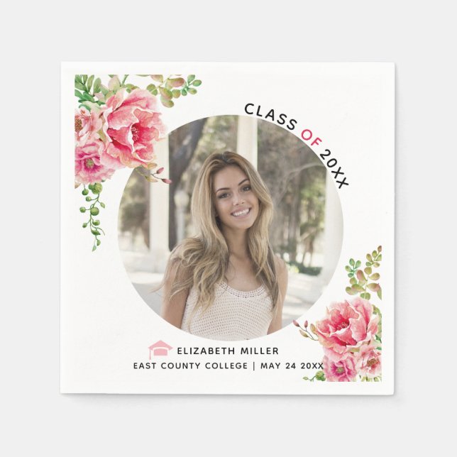 Serviette En Papier Pink flowers Class of 2022 graduation photo (Devant)