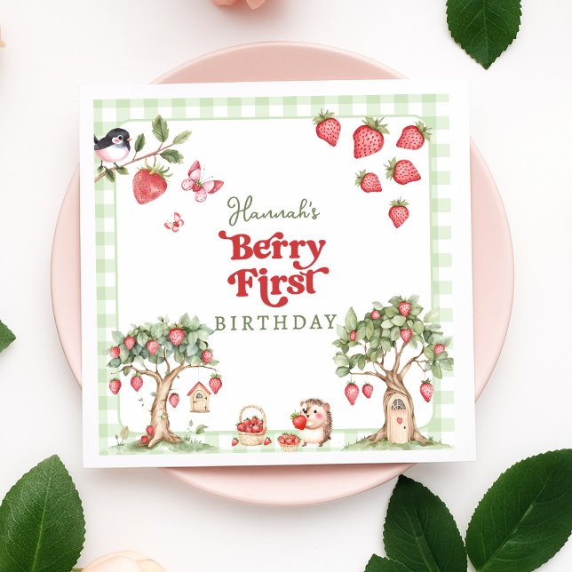 Serviette En Papier Pink Gingham Berry First Strawberry 1st Birthday (Créateur téléchargé)