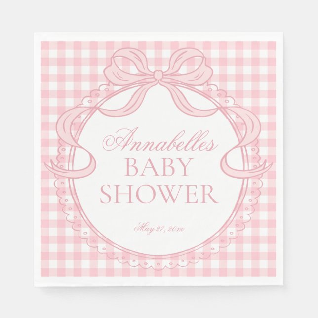 Serviette En Papier Pink Gingham Coquette Bow Baby Shower Dessert (Devant)