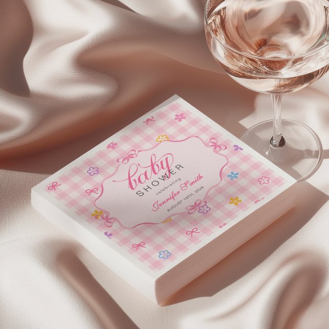 Serviette En Papier Pink Gingham Floral Bow Baby Shower Napkins (Créateur téléchargé)
