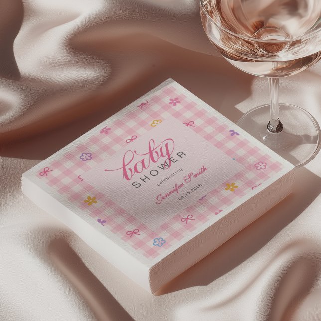 Serviette En Papier Pink Gingham Floral Bow Baby Shower Napkins (Créateur téléchargé)