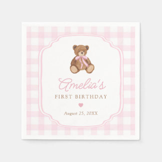 Serviette En Papier Pink Gingham Teddy Bear Beary First Birthday
