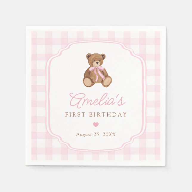 Serviette En Papier Pink Gingham Teddy Bear Beary First Birthday (Devant)