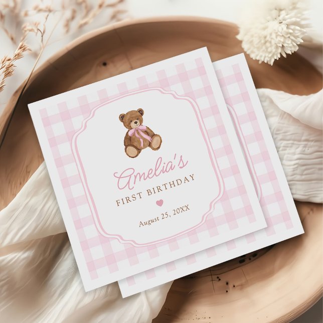 Serviette En Papier Pink Gingham Teddy Bear Beary First Birthday (Créateur téléchargé)