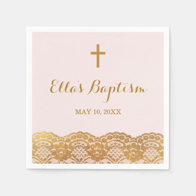Serviette En Papier Pink Gold dentelle fille Baptême Napkin (Devant)