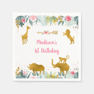 Serviette En Papier Pink Gold Safari Animaux de verdure Anniversaire