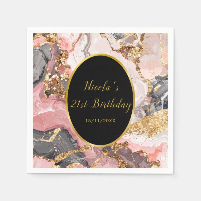 Serviette En Papier Pink, Gray and Gold Marble Agate Birthday Party (Devant)