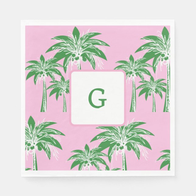 Serviette En Papier Pink Green Palm Tree Preppy Summer Beach Monogramm (Devant)