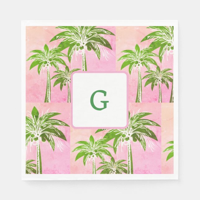 Serviette En Papier Pink Green Palm Tree Preppy Summer Ombre Monogramm (Devant)
