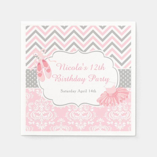 Serviette En Papier Pink & Grey Chevron Ballerina Anniversaire (Devant)
