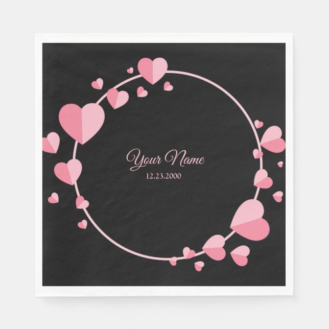 Serviette En Papier Pink Heart Black Geometric Wedding Party Elegant (Devant)