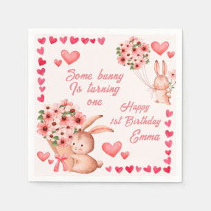 Serviette En Papier Pink Heart bunny Joyeux papier d'anniversaire
