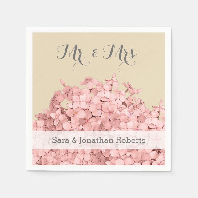 Serviette En Papier Pink Hydrangea sur Khaki Mariage personnalisé (Devant)