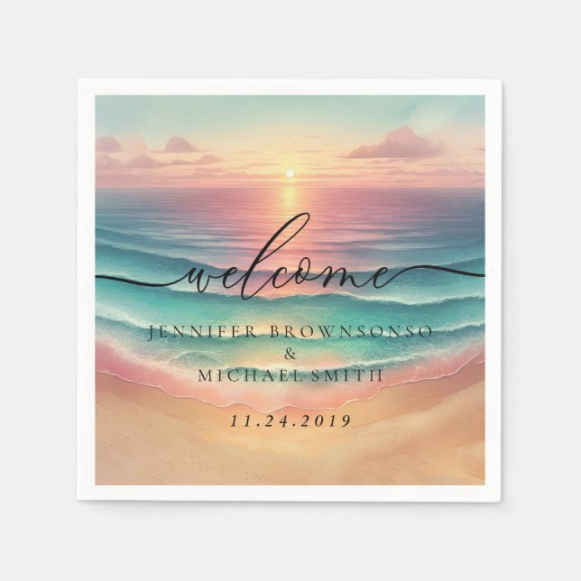 Serviette En Papier Pink Ocean Beach Signature sunset Welcome Wedding (Devant)