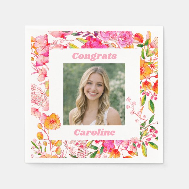 Serviette En Papier Pink Orange Floral Graduation Party Photo 2026 (Devant)