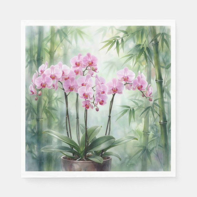 Serviette En Papier Pink Orchid Plant On Bamboo Background (Devant)