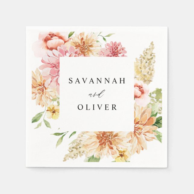 Serviette En Papier Pink & Peach Floral & Green Name Napkins (Devant)