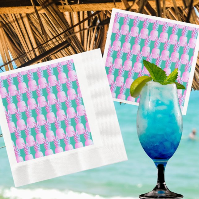 Serviette En Papier Pink Pineapples Caribbean Blue   (Festive pink pineapple paper napkins!)