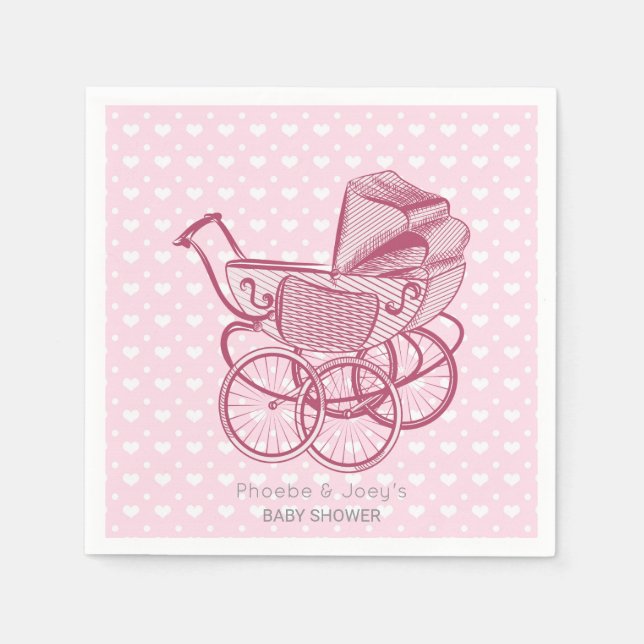 Serviette En Papier Pink Pram Hearts Baby shower Personnalisé Élégant (Devant)