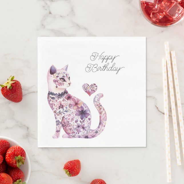 Serviette En Papier Pink Purple Blush Flowers Heart Love Cat Birthday (En situation)