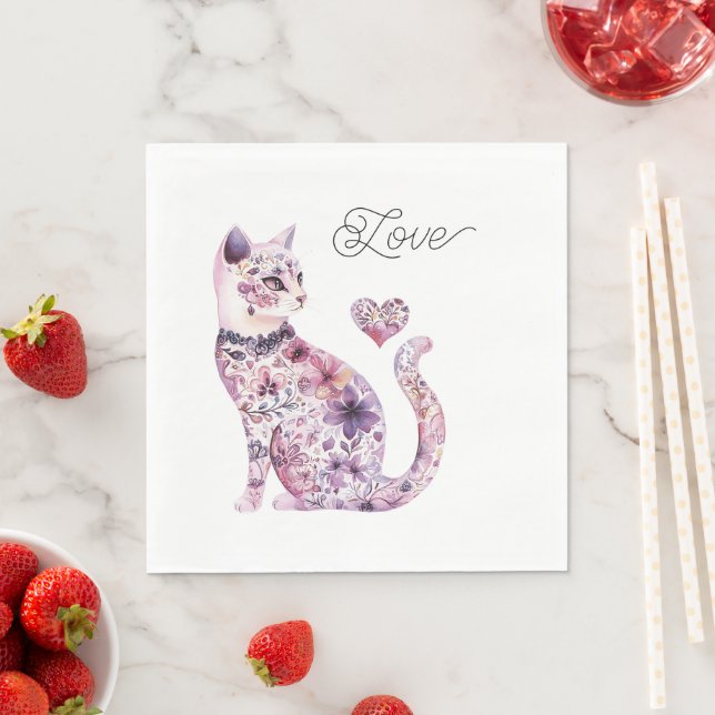 Serviette En Papier Pink Purple Blush Flowers Heart Love Cat Birthday (En situation)