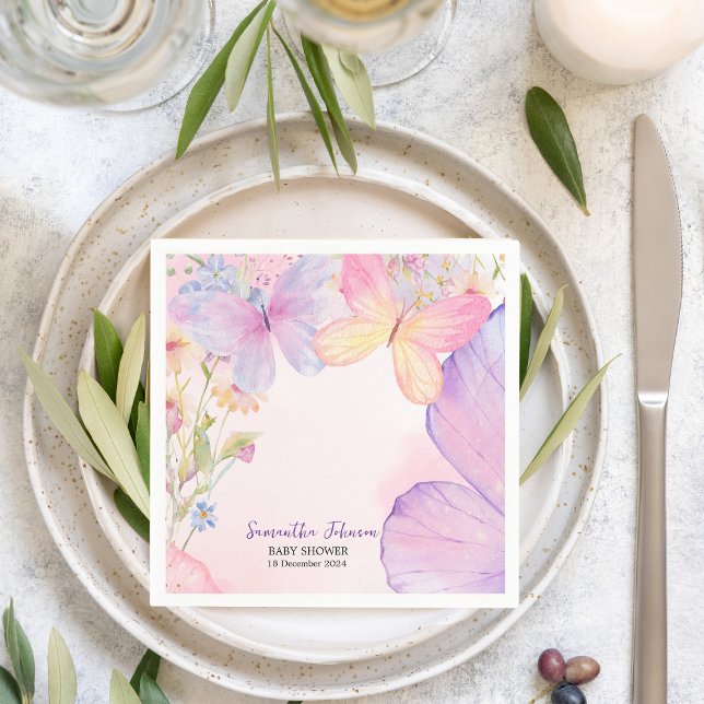 Serviette En Papier Pink Purple Floral Oh Baby Butterfly Baby shower (Créateur téléchargé)