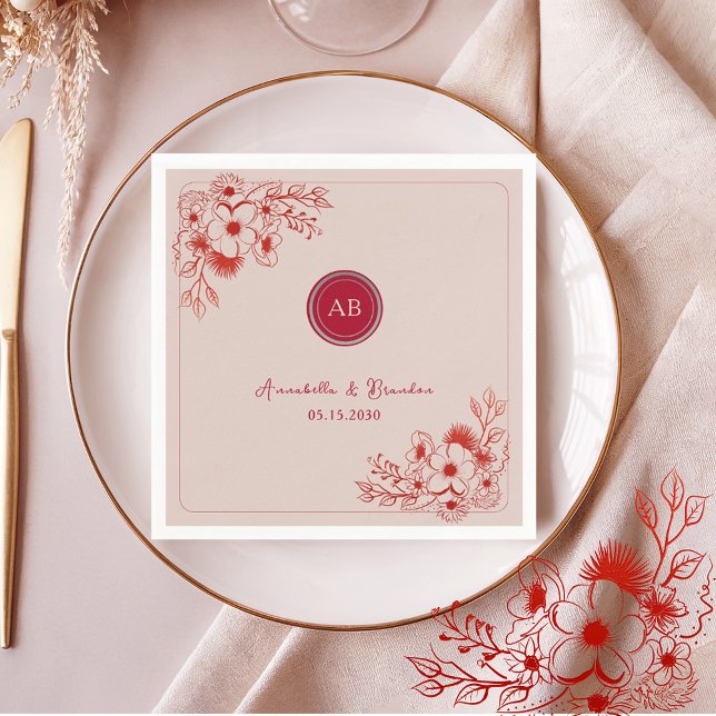 Serviette En Papier Pink Red Floral Monogram Wedding (Créateur téléchargé)