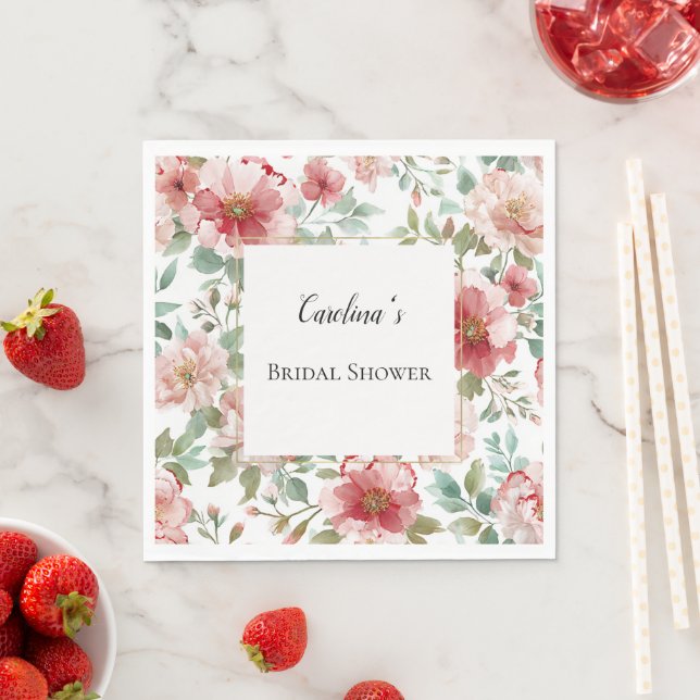 Serviette En Papier Pink Red Flowers Bridal Shower   (En situation)