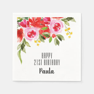Serviette En Papier Pink Red Watercolor Floral Party