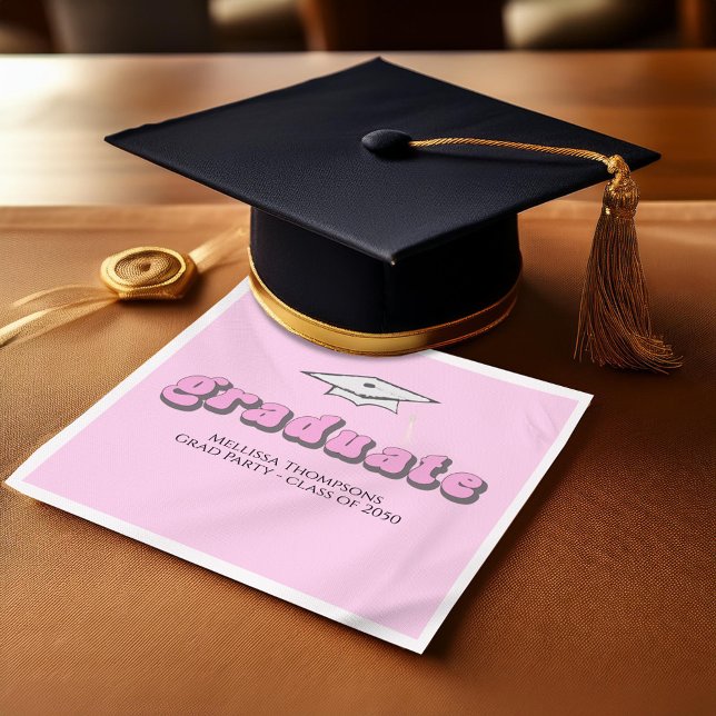 Serviette En Papier Pink Retro Graduation Party Custom Cocktail (Pink retro graduation cocktail napkin)
