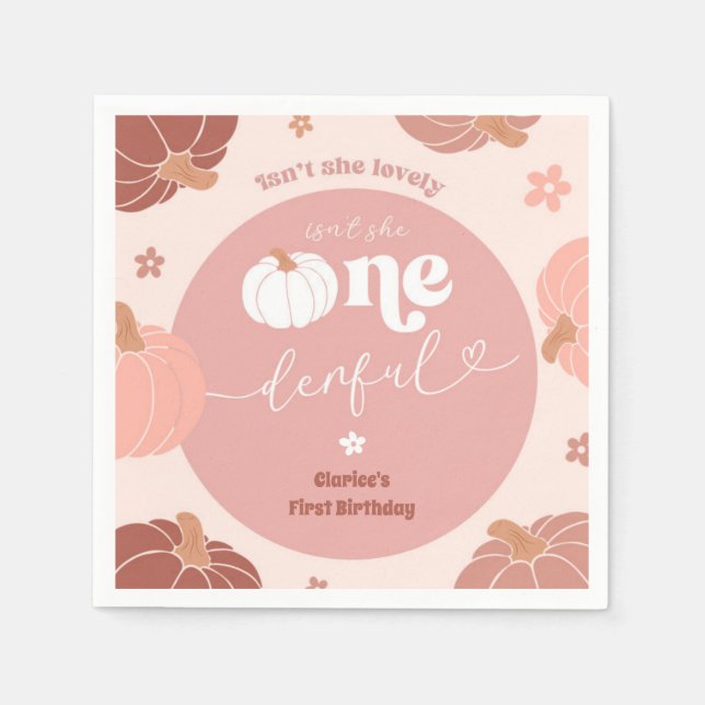 Serviette En Papier Pink Retro Pumpkin 1st Birthday Paper Napkin (Devant)