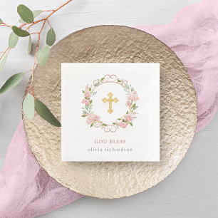 Serviette En Papier Pink Roses and Faux Rose Gold Accents Baptism