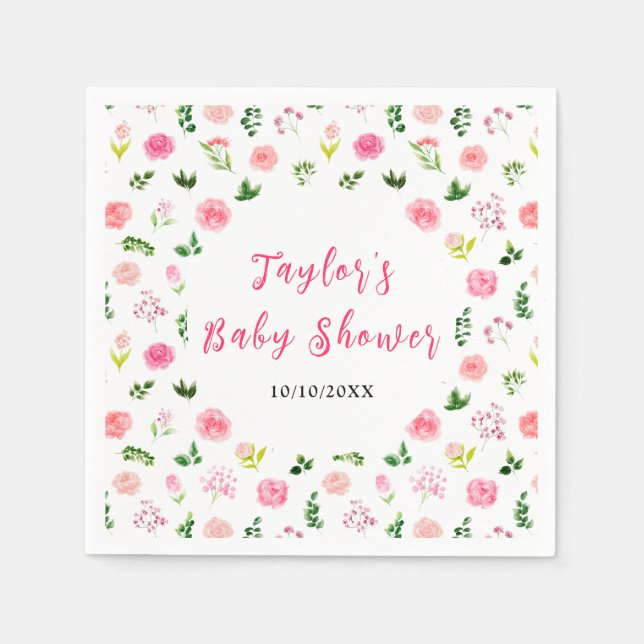 Serviette En Papier Pink Roses Floral Baby Shower (Devant)