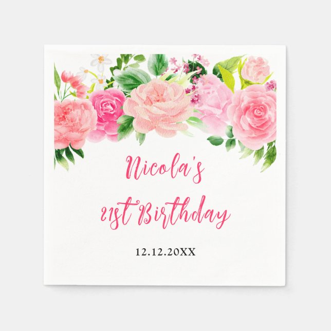 Serviette En Papier Pink Roses Floral Birthday (Devant)