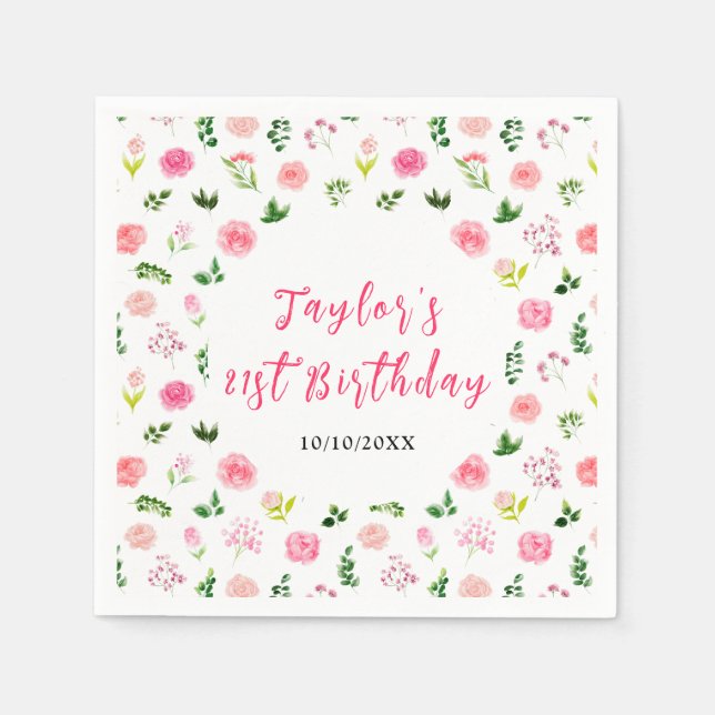 Serviette En Papier Pink Roses Floral Birthday (Devant)