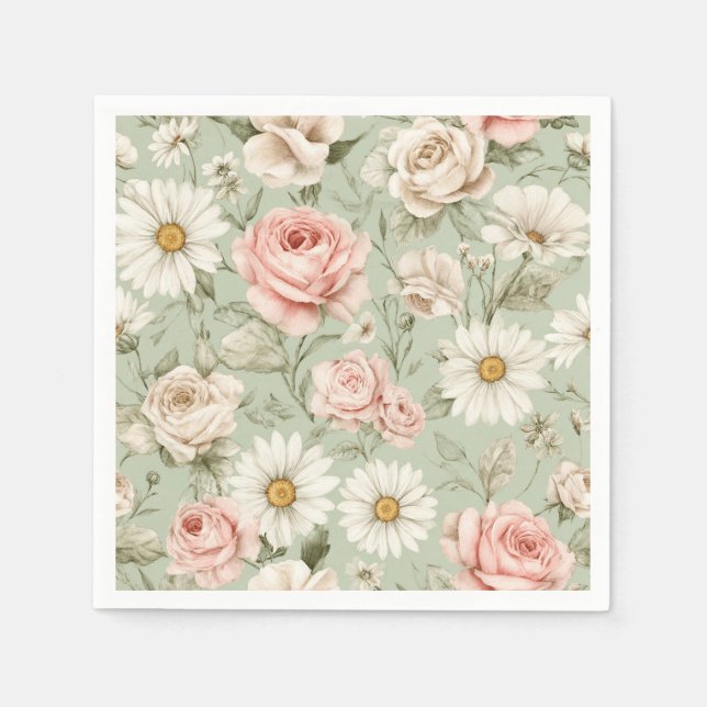 Serviette En Papier Pink Roses White Daisies Floral  (Devant)